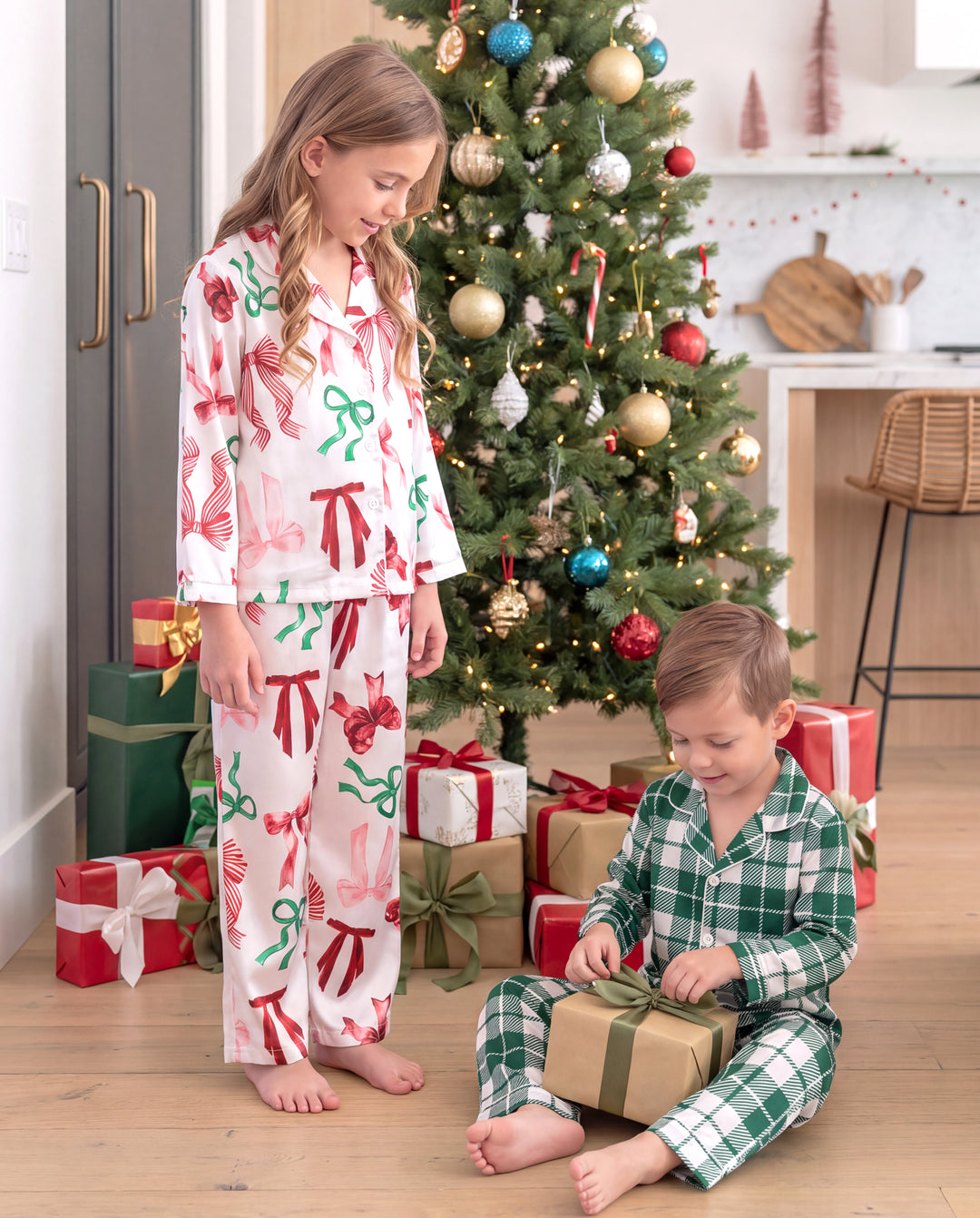 Christmas Matching Family Satin Pajamas Bow & Plaid Print Multicolor