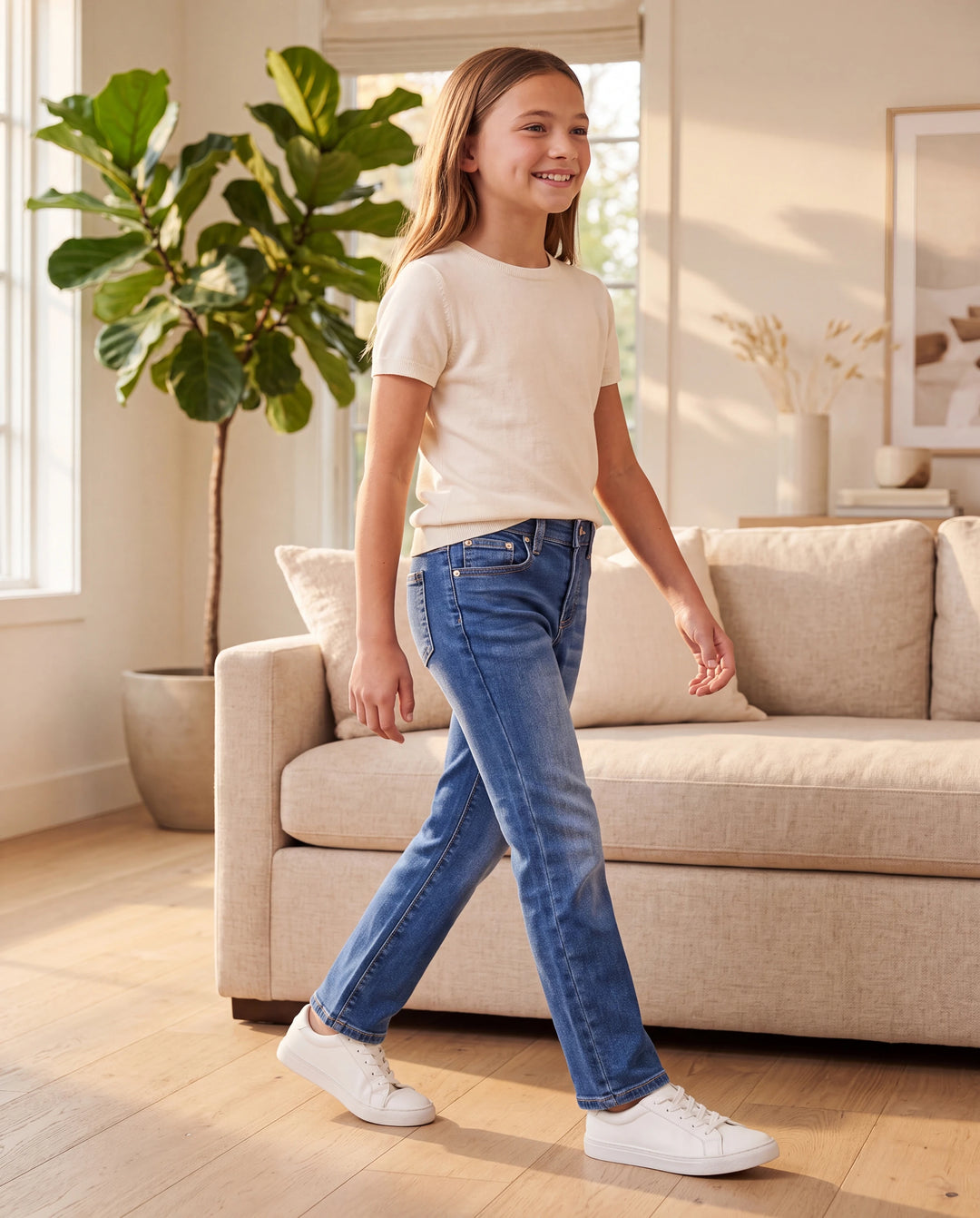 Kids Pull On Elastic Waist Denim Jeans Soft Stretch Comfortable Everyday Pants with Pockets Blue