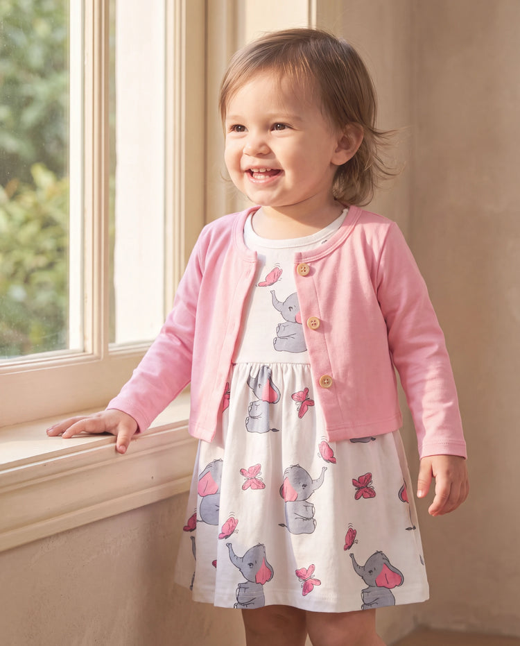 Ensemble 2 pièces pour bébé fille avec cardigan rose et robe à imprimé éléphant