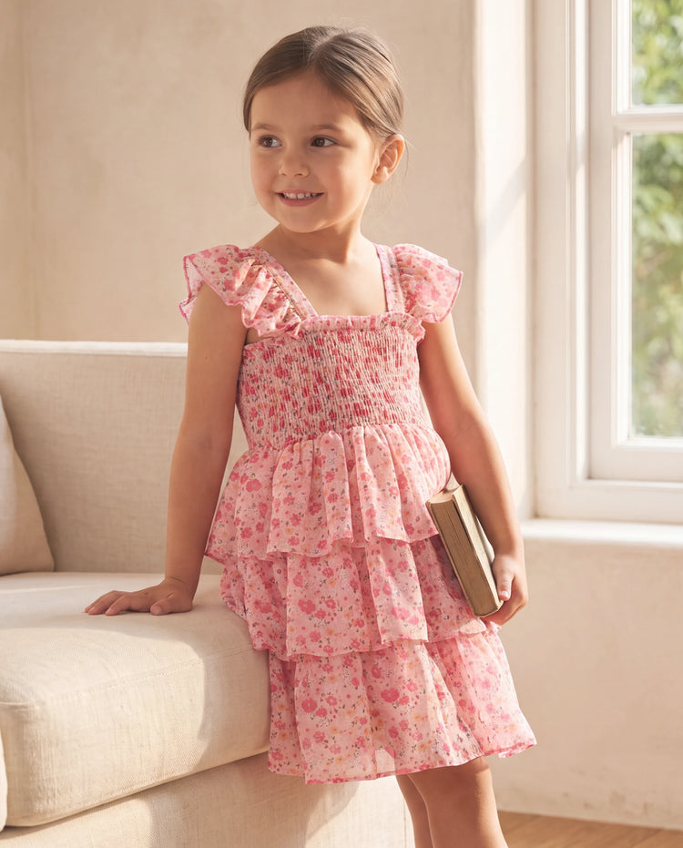 Robe à volants et smocks sans manches à imprimé floral pour petite fille, rose