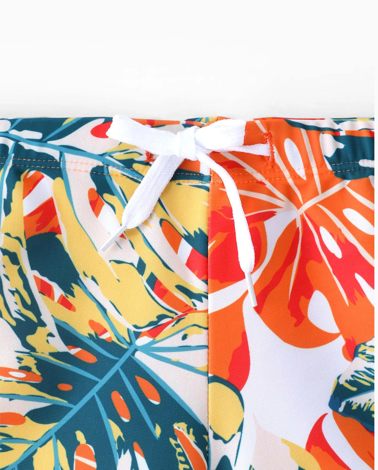 Family Matching Orange and All Over Tropical Plant Print Splicing Ruffle One-Piece Swimsuit and Swim Trunks Shorts Orange color