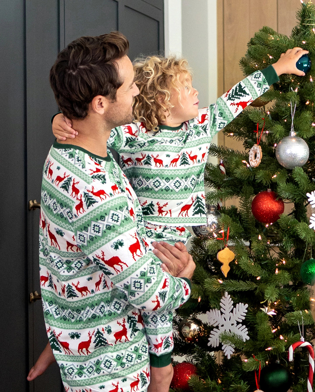 Christmas Matching Family Pajamas Fair Isle & Reindeer Print Green