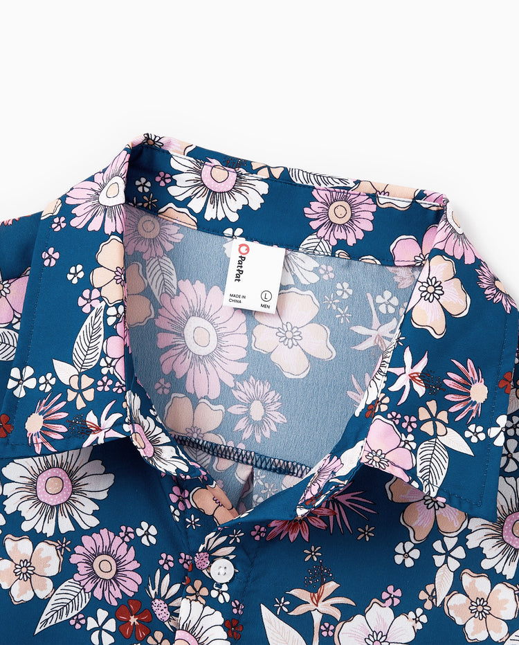 Conjunto de Ropa a Juego para la Familia Camisa con Cuello y Estampado Floral Completo de Manga Corta o Vestido sin Mangas Halter para Vacaciones de Verano CIAN-