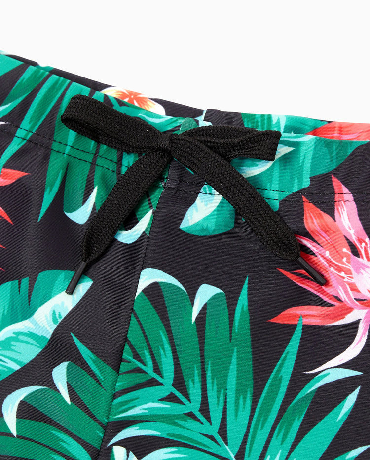 Ensemble maillots assortis famille à imprimé tropical – bikini col V et short de bain, couleur noir
