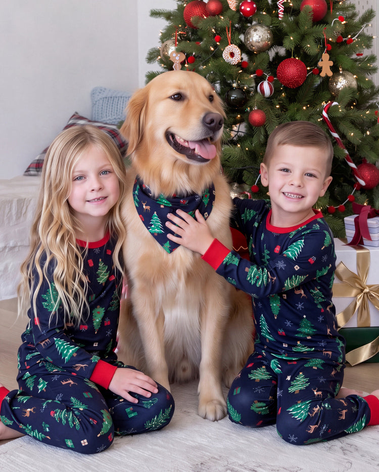 Christmas Matching Family Pajamas Xmas Tree Print Navy