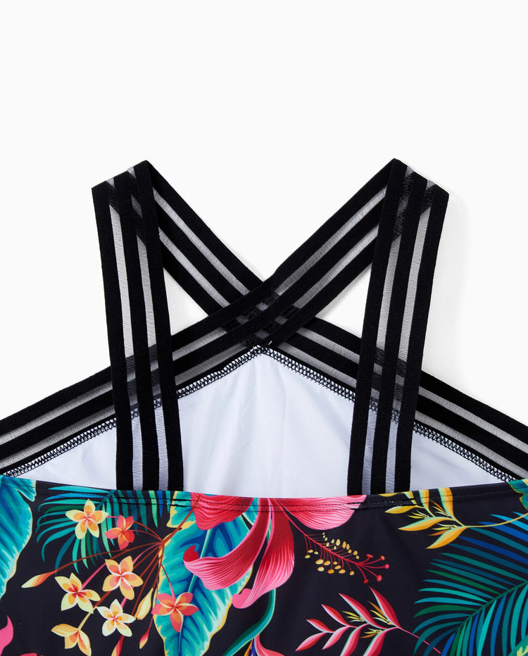 Family Matching Allover Plant Print Crisscross One-Piece Swimsuit and Swim Trunks Black