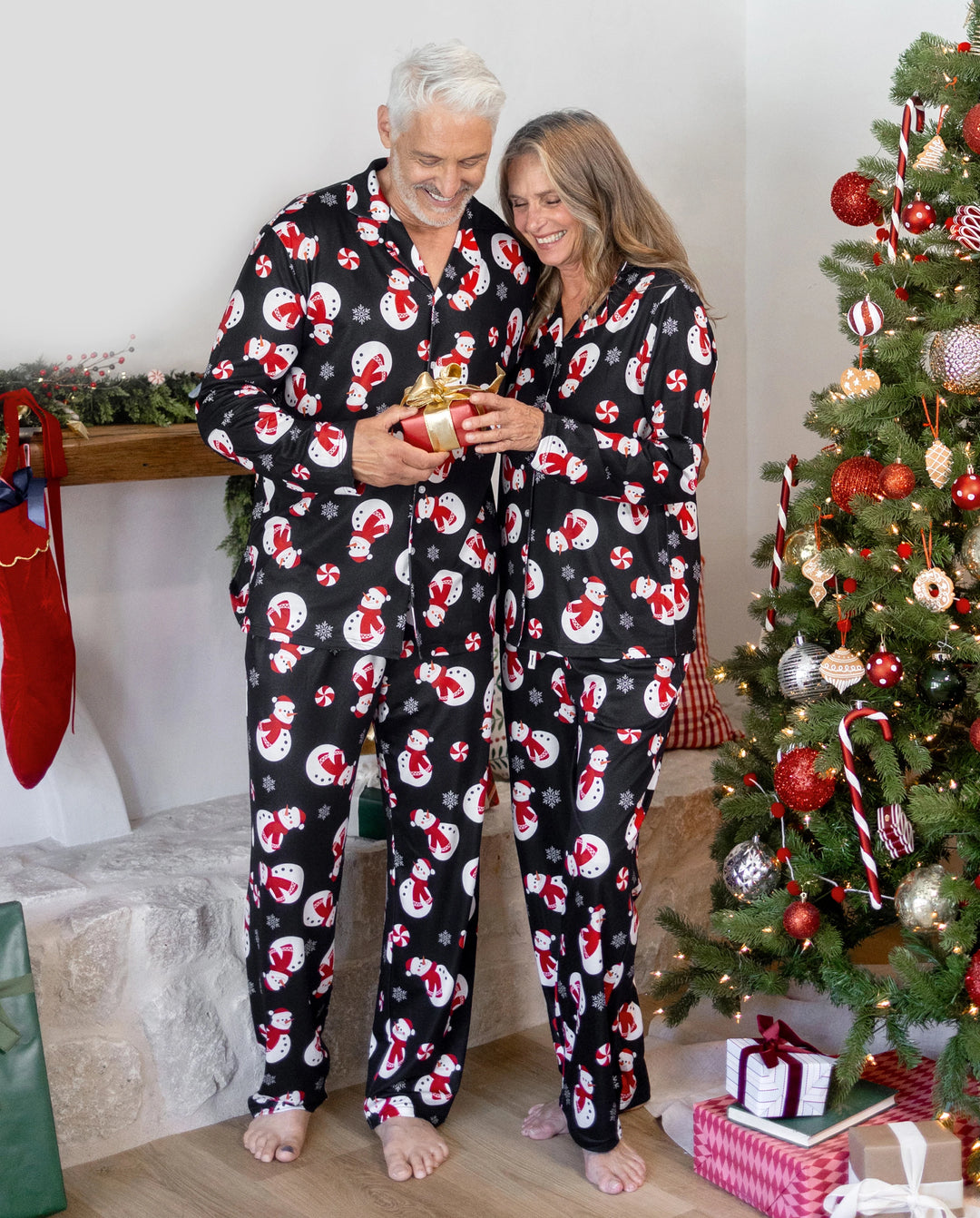Christmas Matching Family Pajamas Snowman Print Black