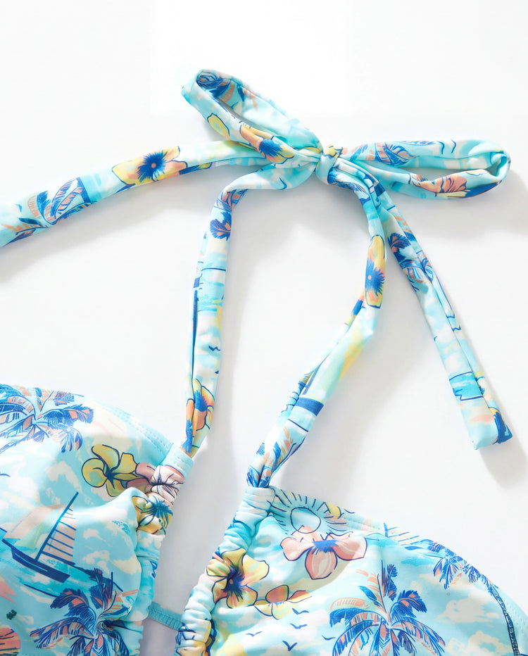 Maillots de bain assortis pour toute la famille à imprimé tropical, maillot une pièce à nouer devant pour maman, maillot deux pièces pour fille, ensemble short de bain pour papa & fils pour vacances d'été à la plage Bleu clair