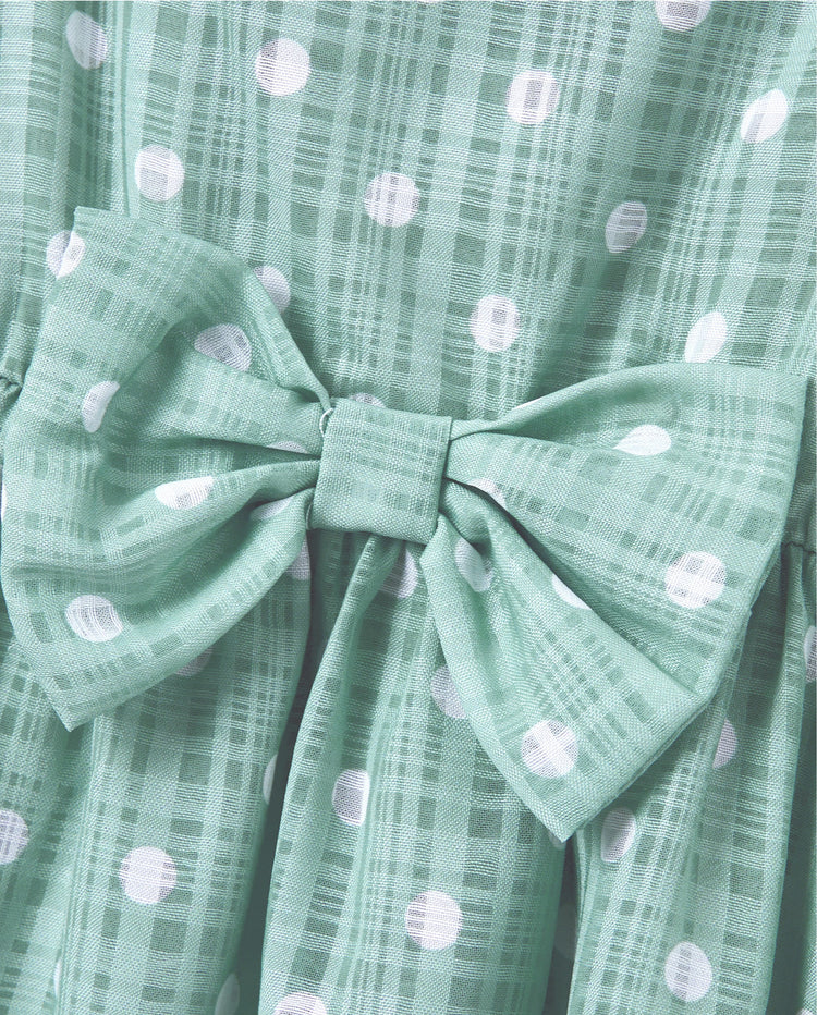 Mommy & me T-Shirt & Dress Set Polka Dot Puff-sleeve Dress for Mom, Daughter & Baby, Color Block Cotton Tee for Dad & Son, Perfect for Family Outings & Photos Light Green