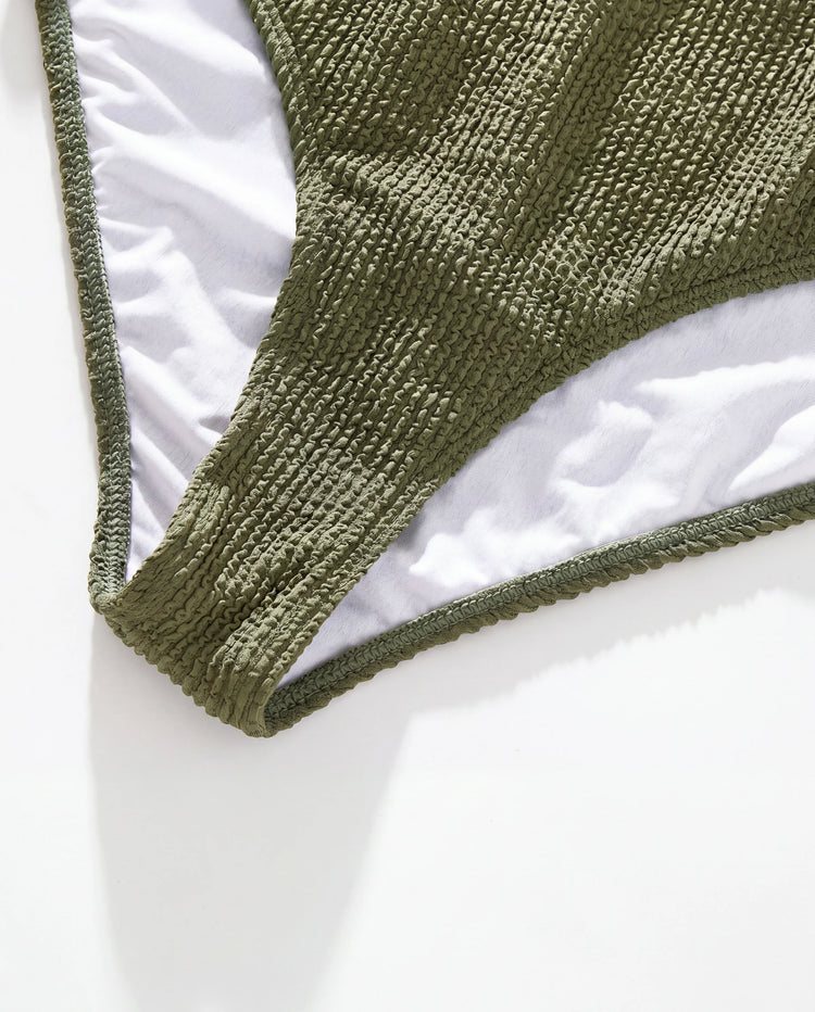 Passende Familien-Badehose mit Farbblock-Streifen oder einteiliger One-Shoulder-Badeanzug Armeegrün