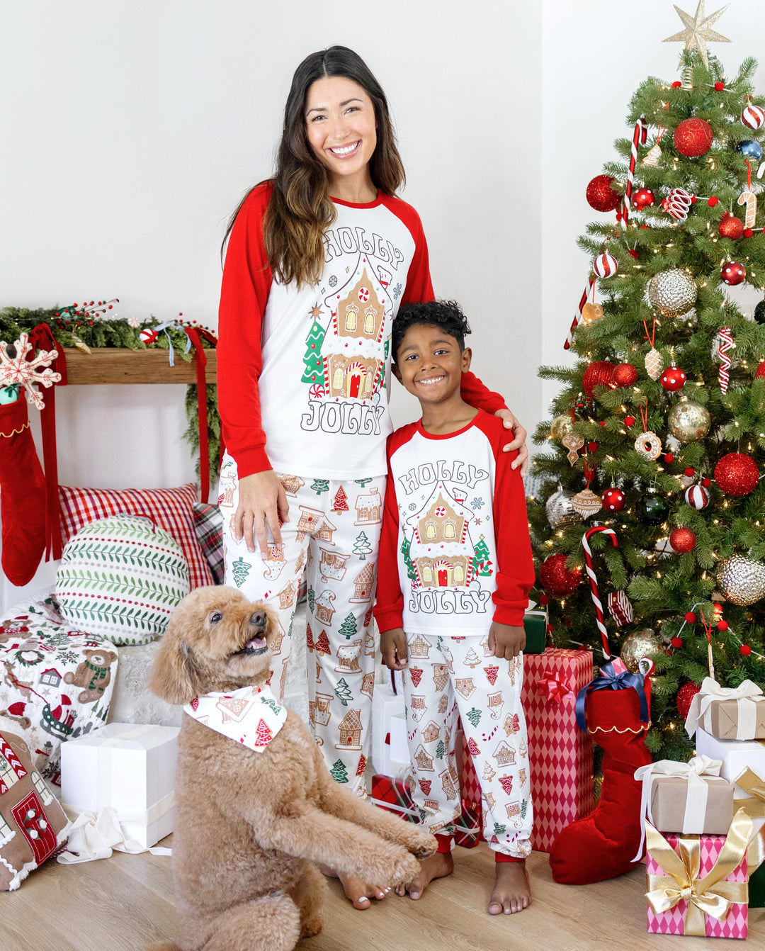 Christmas Matching Family Pajamas Gingerbread House & Xmas Tree Print