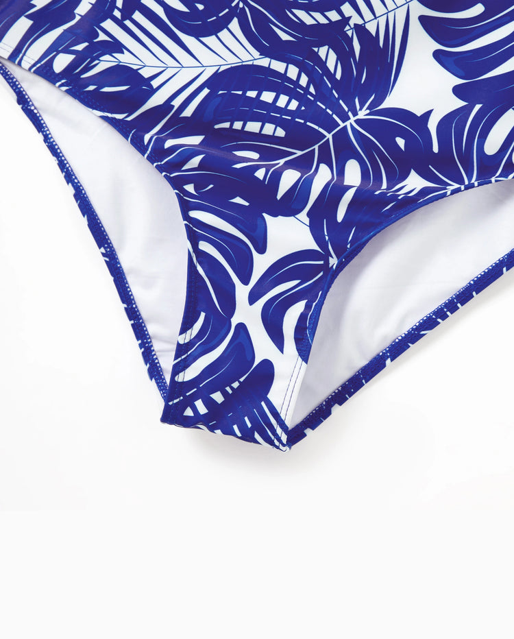 Family Matching Tropical Leaf Print Swim Trunks or Hollow-out Crisscross Straps One-piece Swimsuit Blue