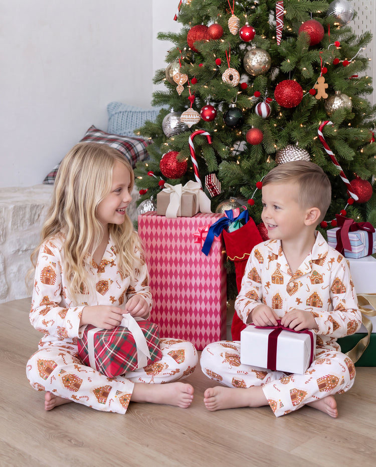 Christmas Matching Family Pajamas Gingerbread House Print Brown