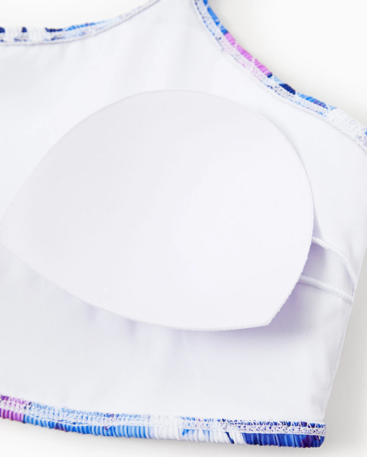 Traje de baño de dos piezas con tirantes fruncidos y estampado floral para toda la familia, color morado