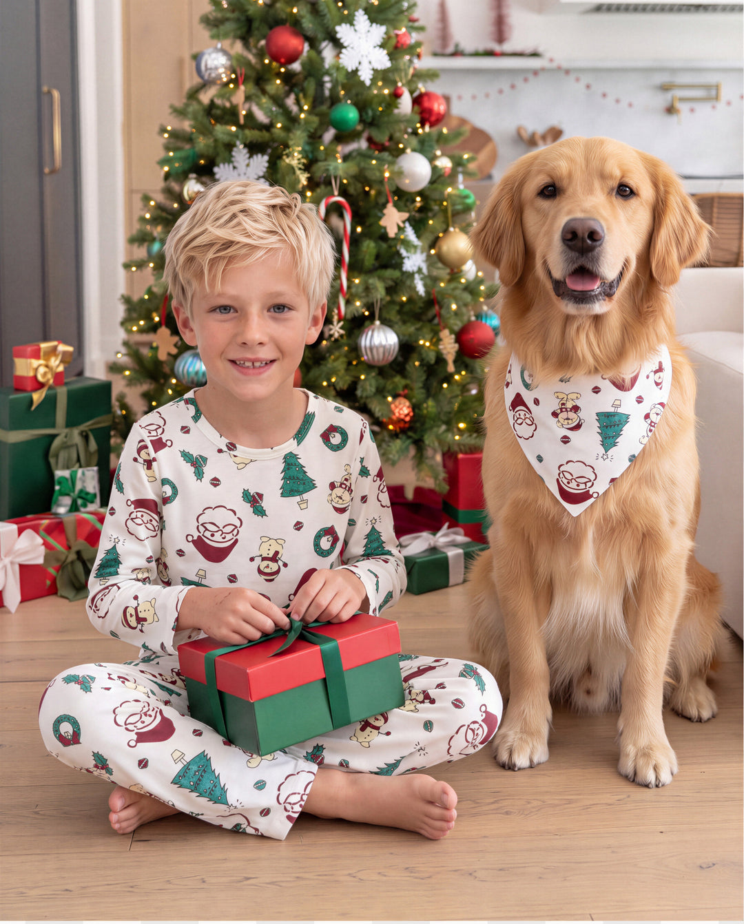 Christmas Matching Family Pajamas Santa & Xmas Tree Print Pink