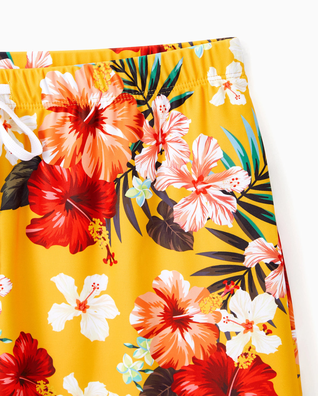 Family Matching Floral Drawstring Swim Trunks or Flowy Spliced Mesh Swim Dress with Triangle Swim Bottom Yellow