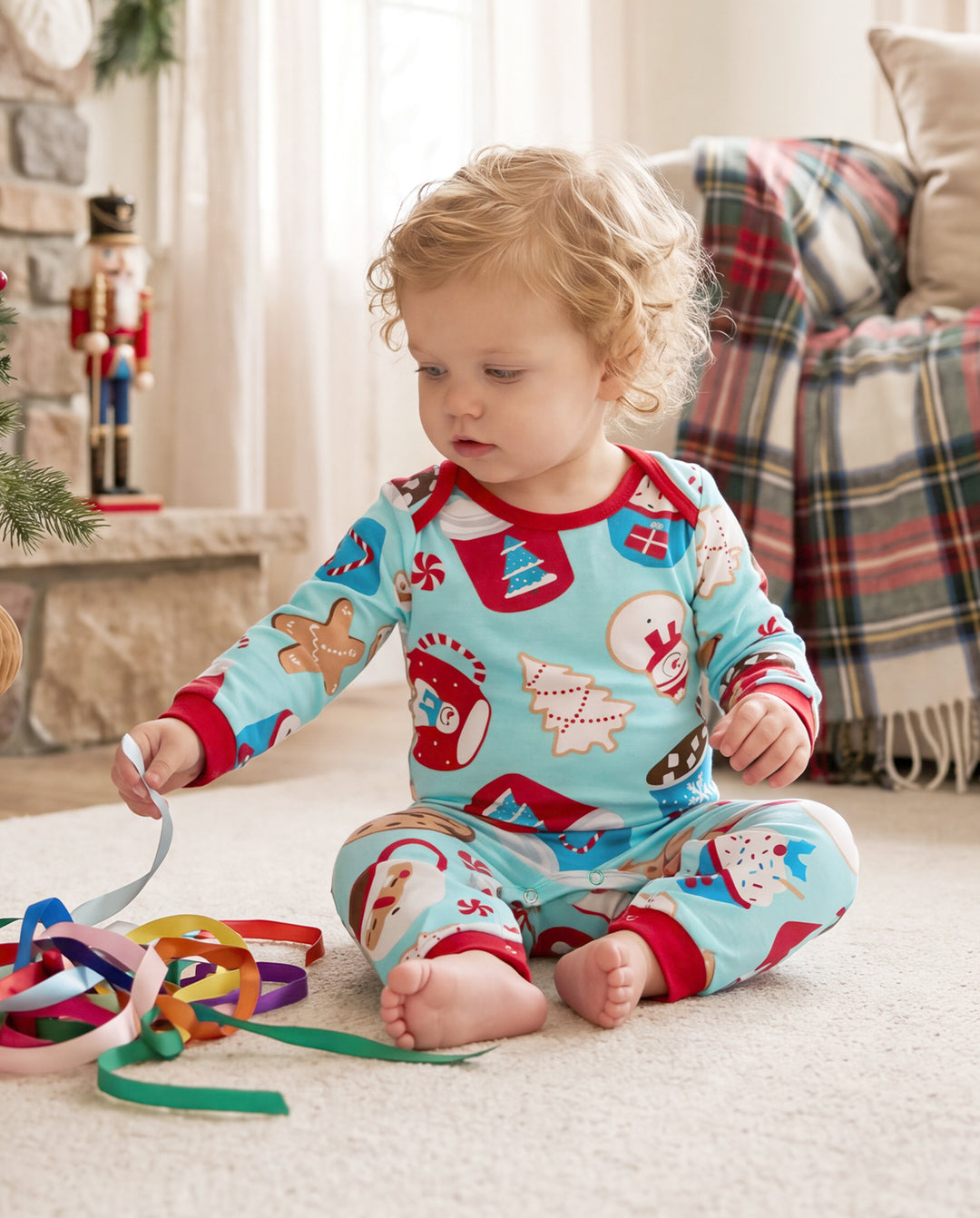 Christmas Matching Family Pajamas Set Gingerbread Print Blue and Red PJS with Christmas Socks Light Blue