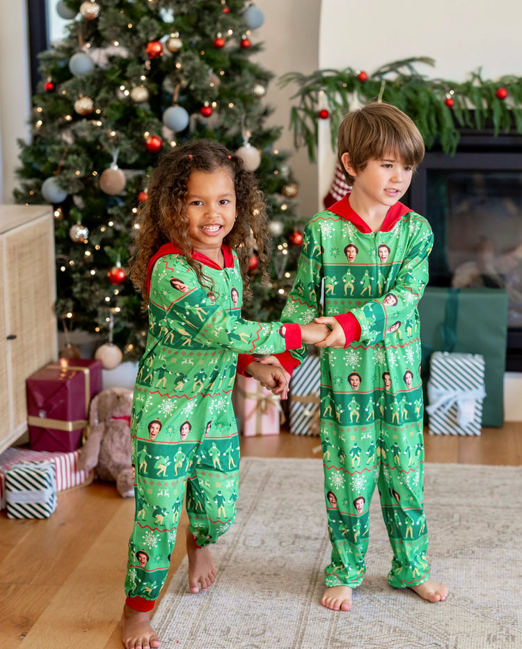 Mono familiar navideño a juego con capucha y estampado Fair Isle de ELF, color verde