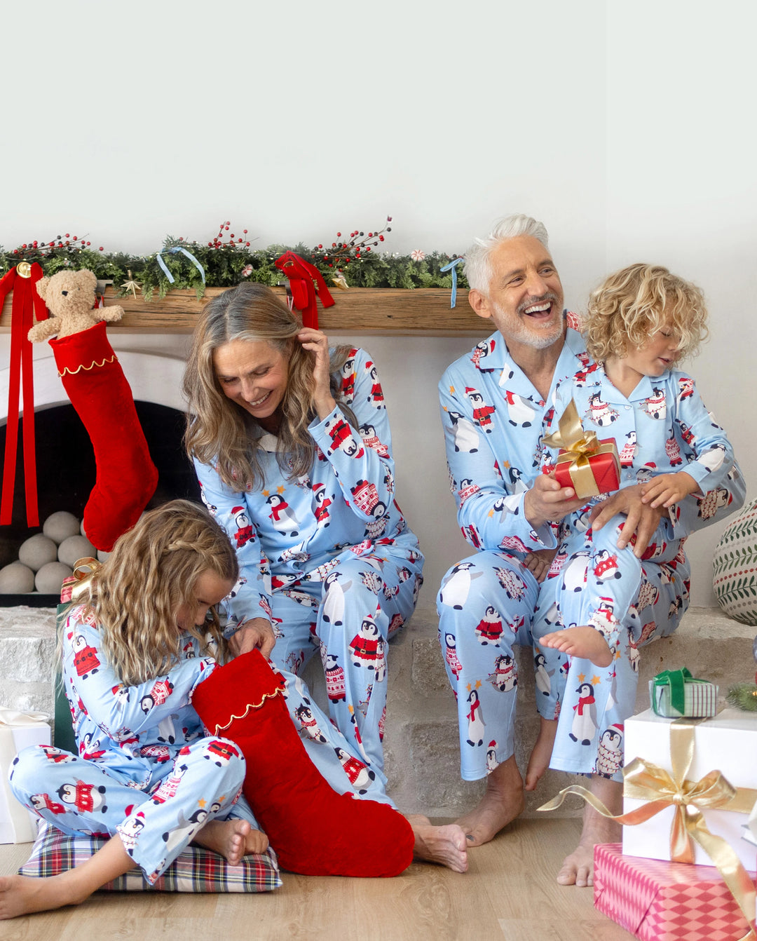 Christmas Matching Family Pajamas Penguin Print Blue