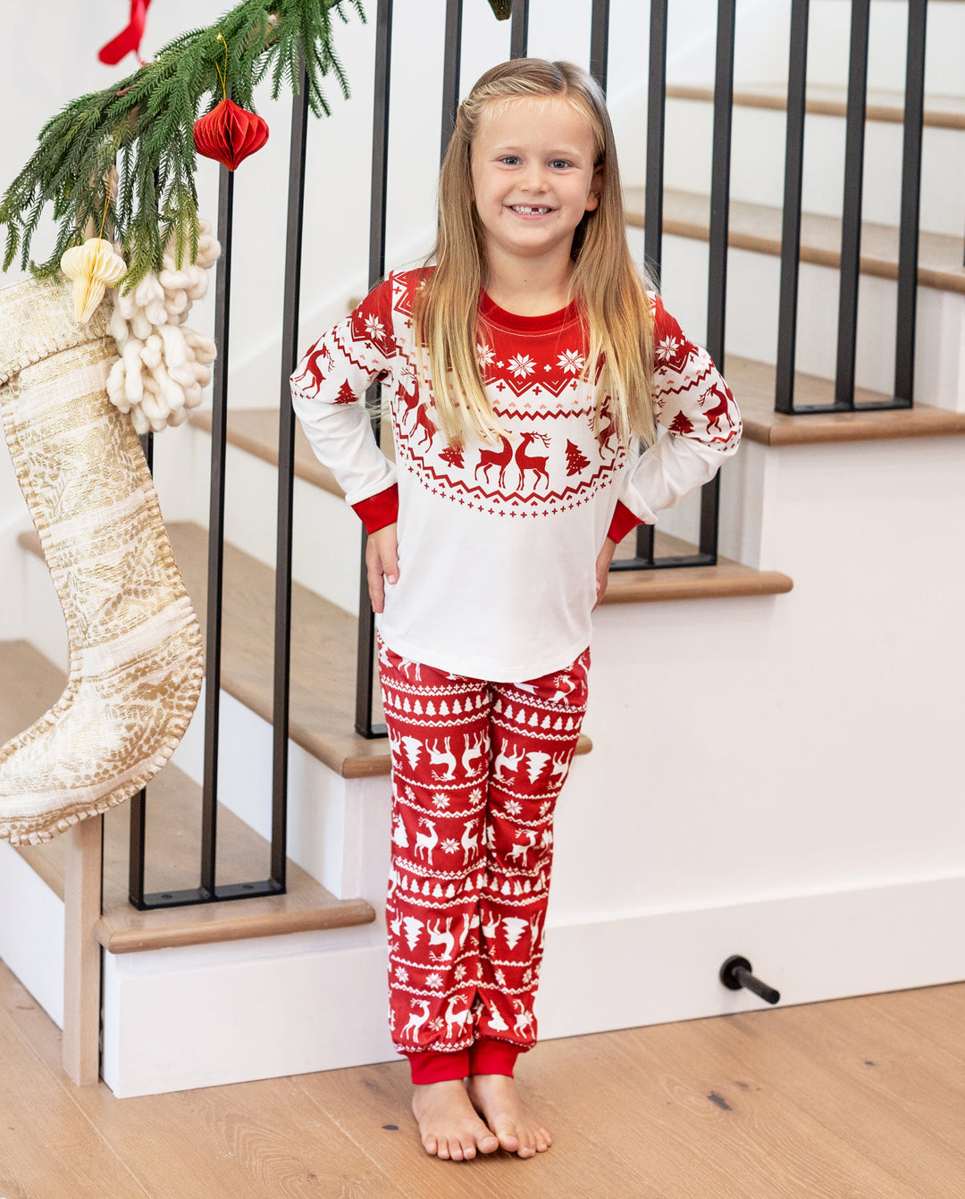Family Matching Christmas Pajamas Fair Isle & Reindeer Print Red