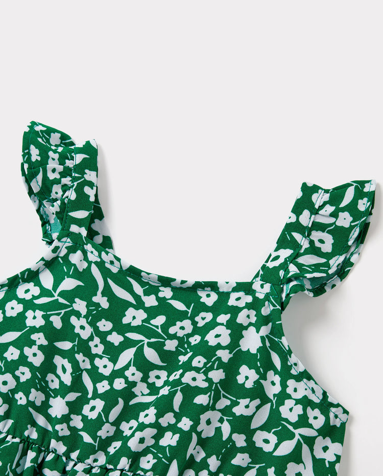 Matching Floral Print Green Smocked Strap Jumpsuits for Mommy and Me Green