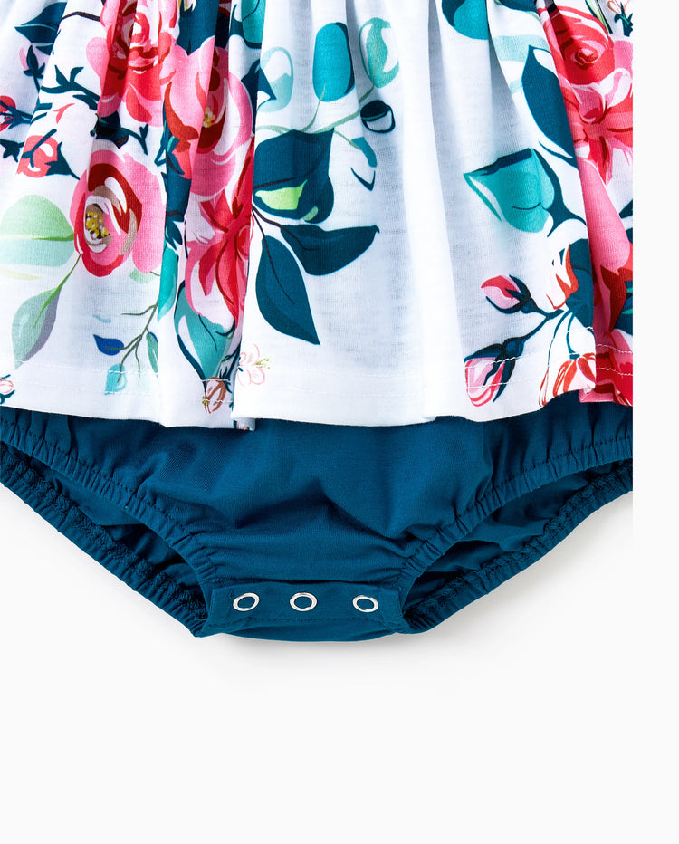 Vestidos con escote en V sólido y mangas de volantes combinados con estampado floral y conjuntos de camisetas de manga corta a bloques de color para papá e hija Azul celeste