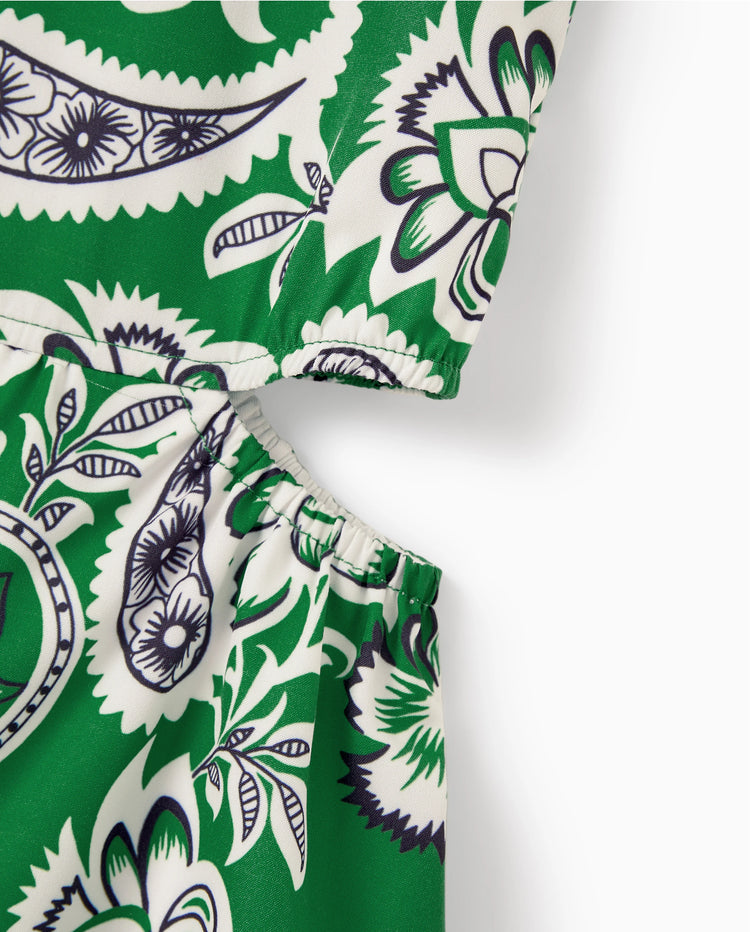 Daddy & Daughter Outfits Set Floral Print Short-sleeve Collar Shirt or Strappy Smocked  Dress for Summer Vacation Green