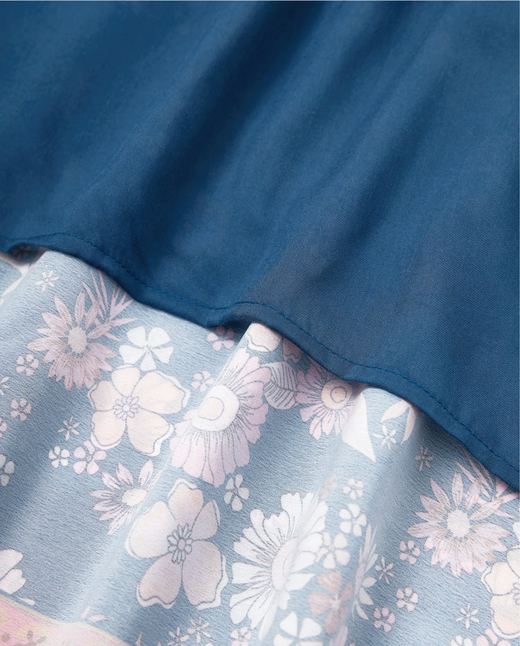 Tenues Maman & moi Chemise à col à manches courtes imprimé floral intégral ou robe sans manches à nouer pour les vacances d'été CYAN-