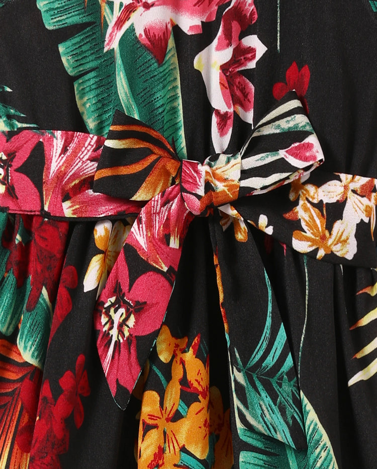 Conjuntos familiares a juego para mamá y yo Vestidos halter con estampado floral de plantas por completo y conjuntos de camisas de manga corta Negro