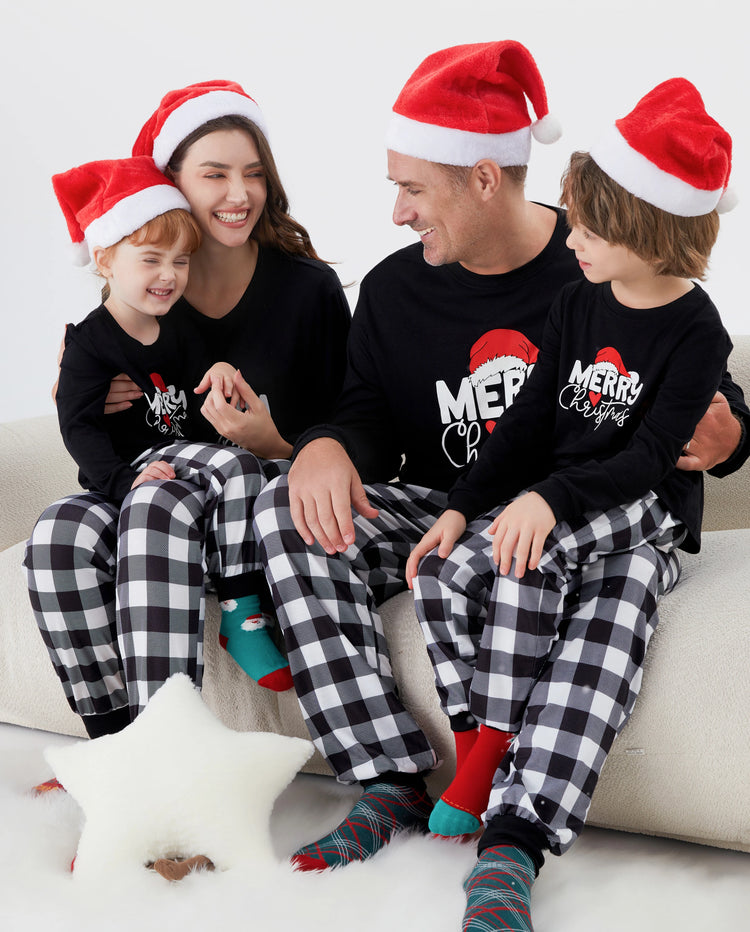 Christmas Family Matching Glow In The Dark Letters Print Long-sleeve Pajamas Sets with Christmas Socks Black+White