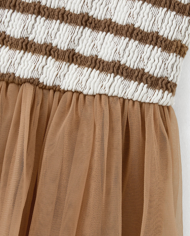 Matching Striped Dresses for Mommy & Me  Twist-Front Dress with Tulle Skirt, Perfect for Summer Family Outings & Photos Khaki
