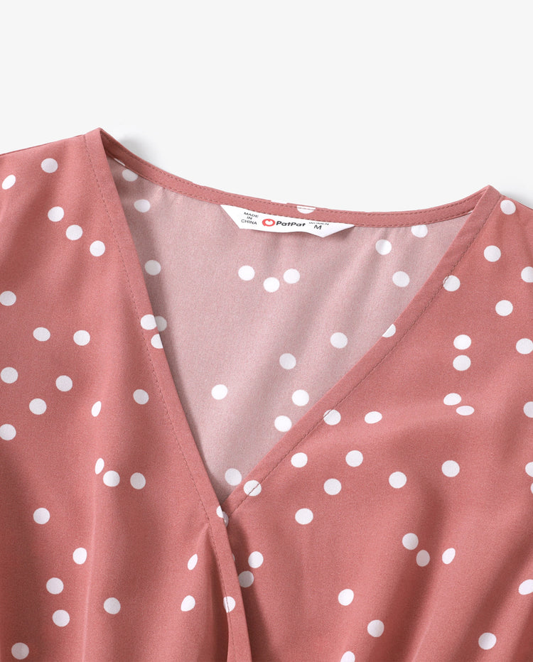 All Over Dots Pink Cross Wrap V Neck Ruffle Flutter-sleeve Dress for Mom and Me PinkyWhite