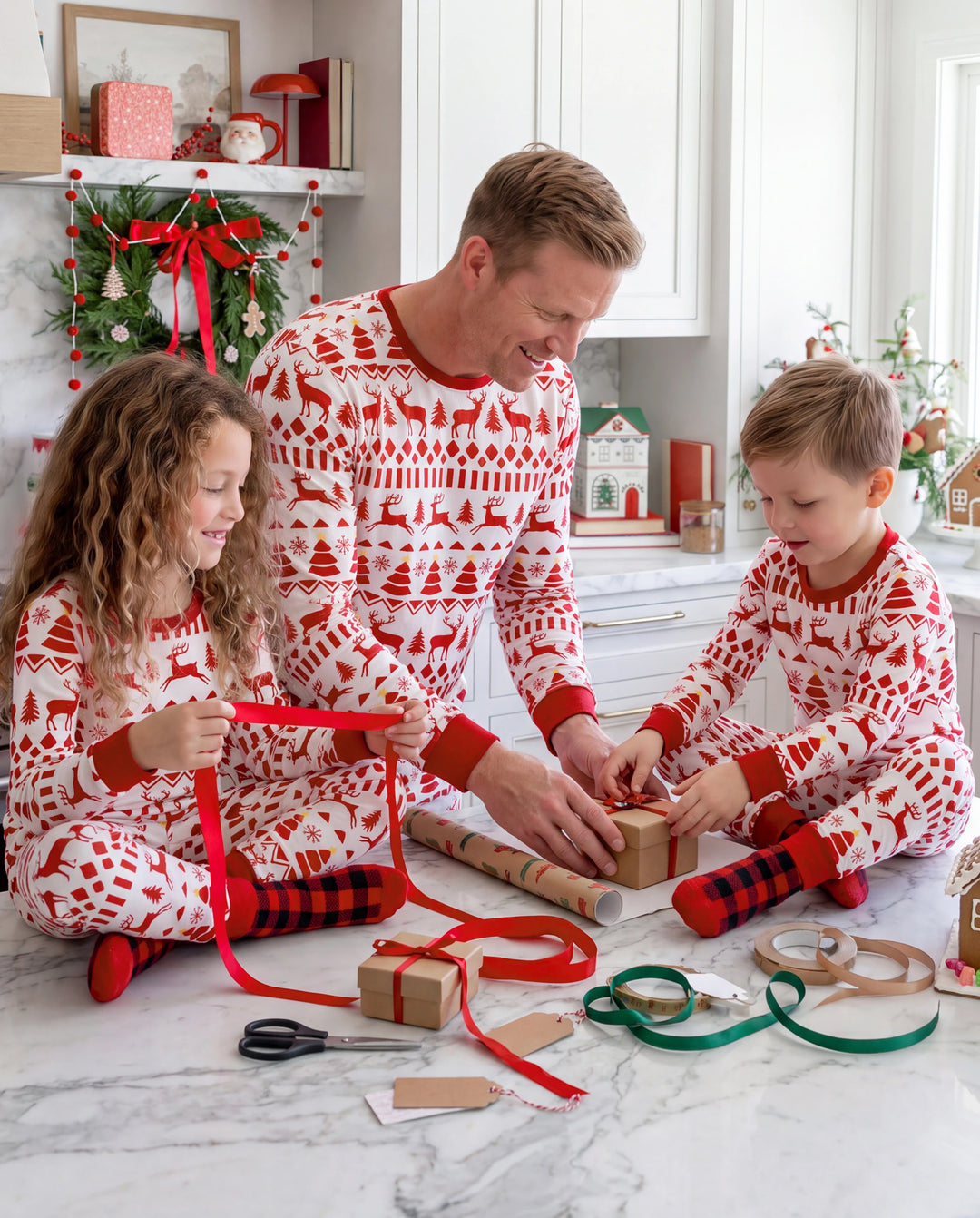 Christmas Matching Family Pajamas Fair Isle & Reindeer Print Red