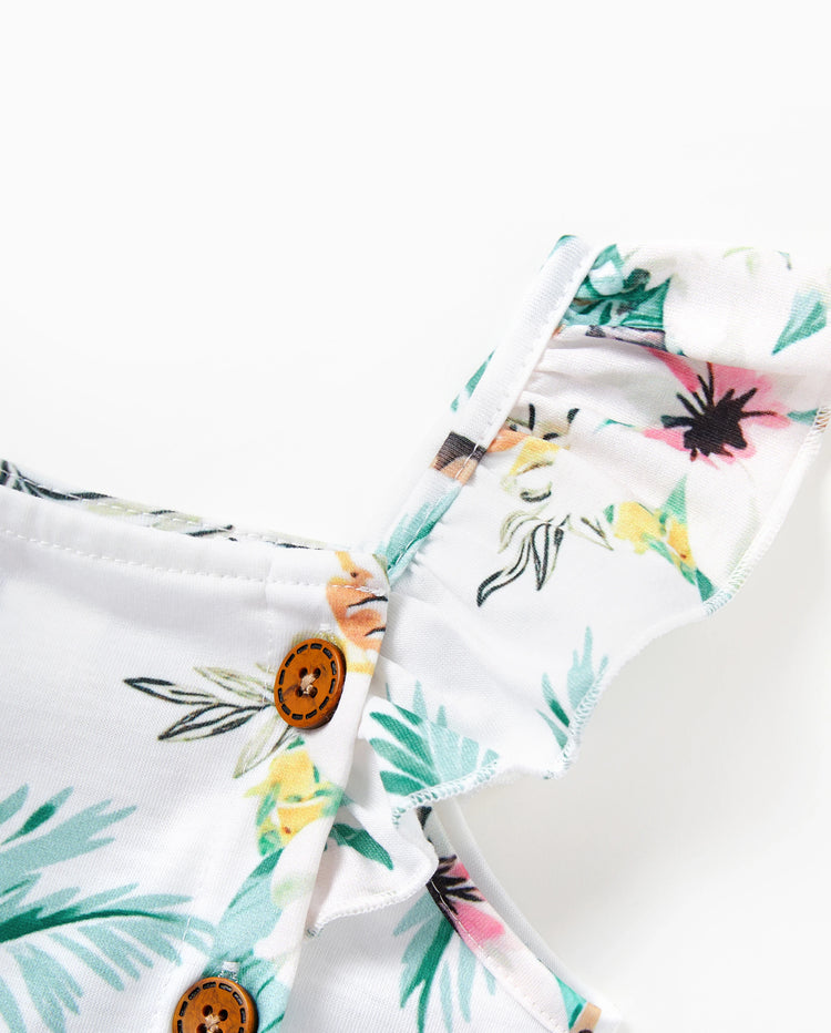 Daddy & Me Tropical Print Outfits,Daughter Tank Dress & Dad Cotton T-Shirt Set Green