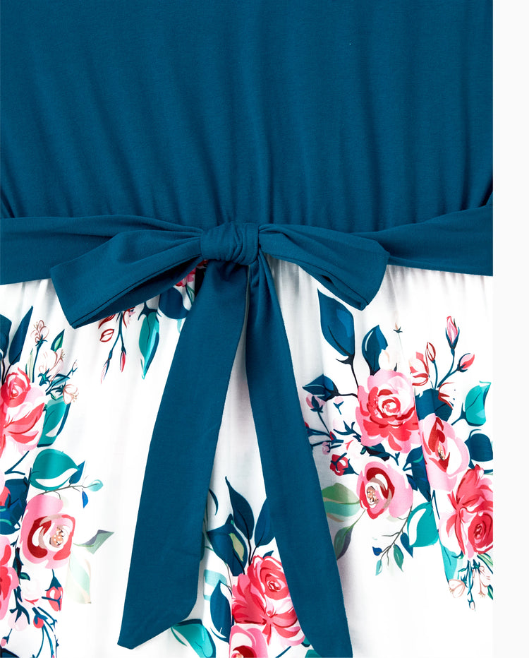 Conjuntos de vestidos para mamá y niña con escote en V sólido, mangas con volantes y combinación de estampado floral Azul celeste-