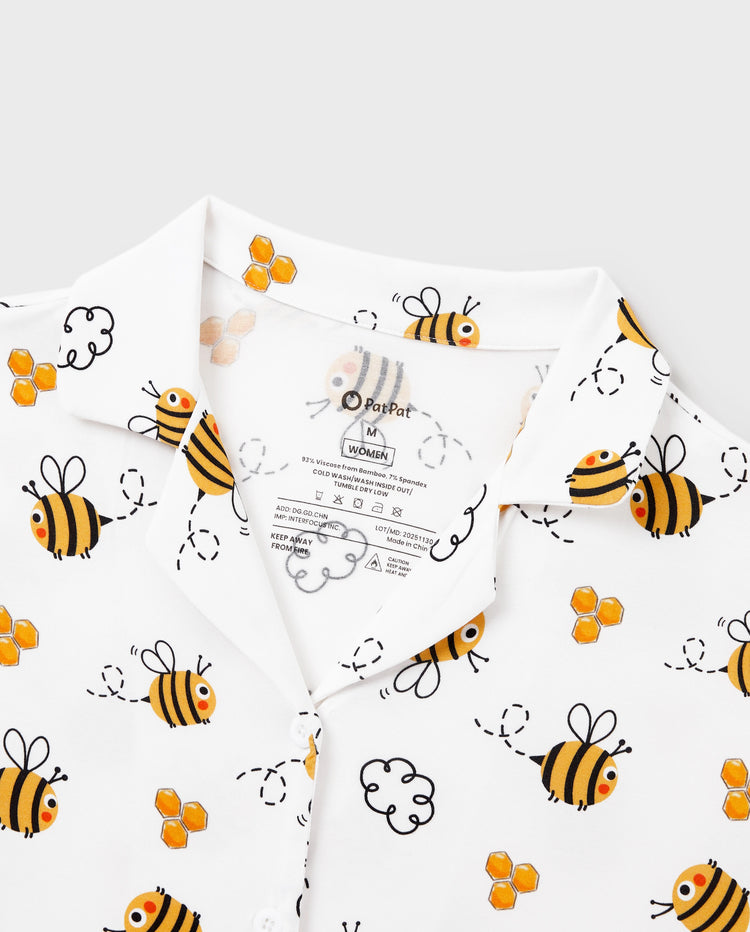 Mommy & me Bamboo Pajamas Soft Bamboo Viscose PJs for Men Women Kids Toddler, Cute Bee Print Sleepwear with Short Sleeve Top and Long Pants White