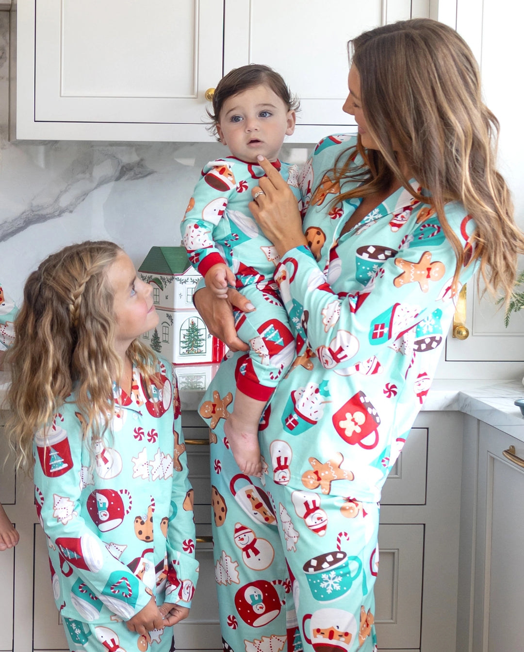 Christmas Matching Family Pajamas Gingerbread & Mug Print Blue