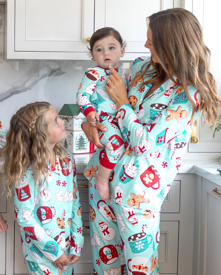 Christmas Matching Family Pajamas Gingerbread & Mug Print Blue