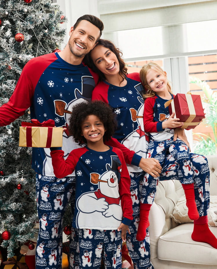 Frosty der Schneemann Weihnachtsfamilienpassend Farbblock Schlafanzug-Sets mit Weihnachtssocken