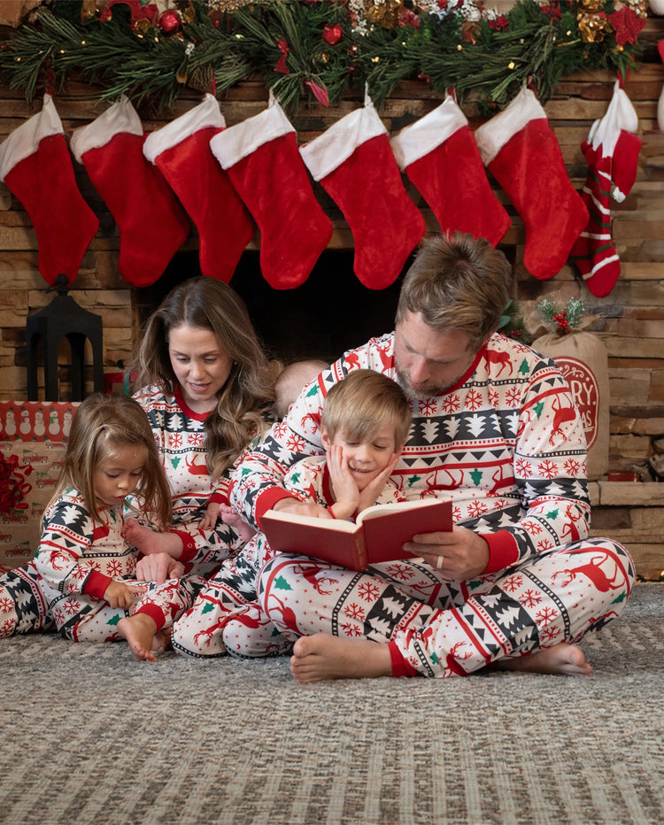 Family Christmas Pajamas All Over Reindeer Print Long-sleeve with Christmas Socks (SGS Certied Safety) Red+White