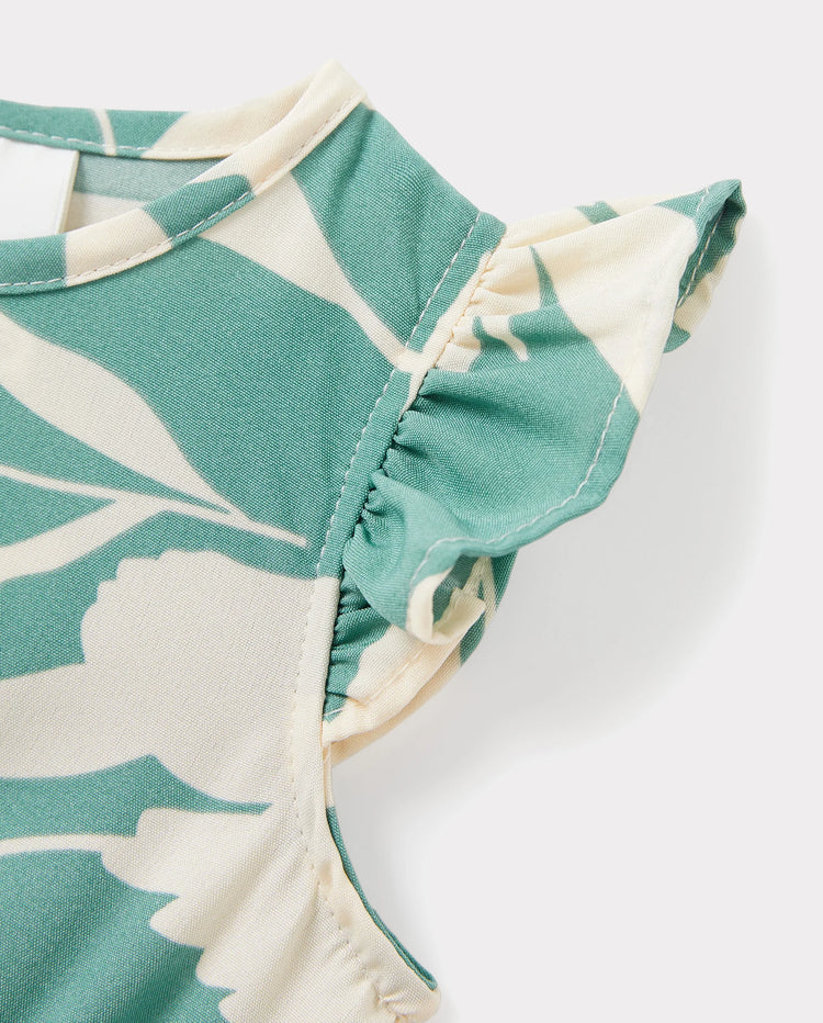 Daddy & Daughter Leaf Print Green Short-sleeve Shirt or Sling Shirred Dress Set Green