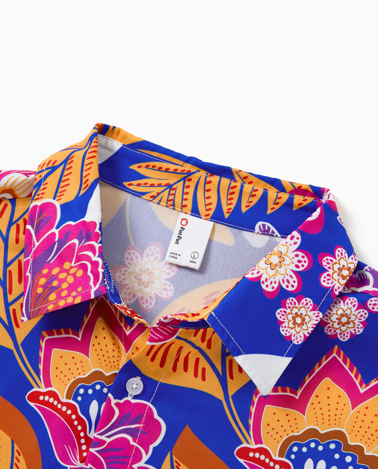 Tenues hawaïennes Papa & Fille Vêtements de vacances à imprimé floral tropical Robe à bretelles avec ceinture ou chemises à manches courtes Ensemble plage d'été Marine