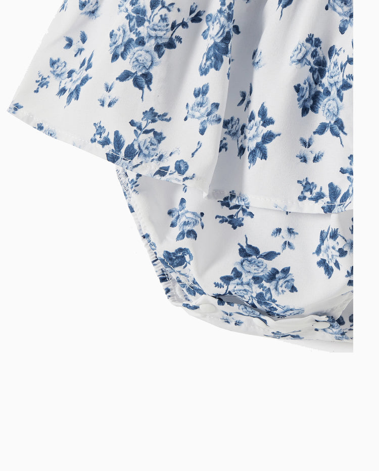 Conjunto de Papá y Hija: Traje casual con fruncido floral AZULBLANCO