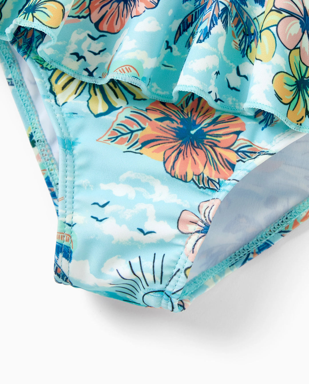 Mommy & me Swimwear Tropical Print, Mommy Tie-front Cutout One-piece Swimsuit, Girl two-piece Swimsuit Daddy & Son Swim Trunks Set for Summer Beach Vacation Light Blue