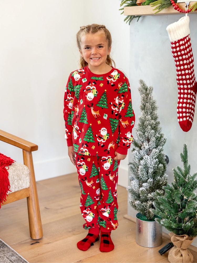 Weihnachten Passendes Familienpyjama-Set Weihnachtsmann und Weihnachtsbaum Print Rot PJS mit Weihnachtssocken rot