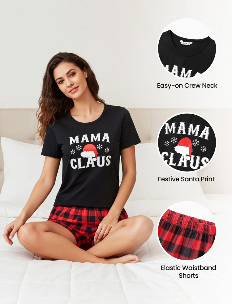 Christmas Hat and Letter Print Black Family Matching Short-sleeve Plaid Pajamas Sets Black