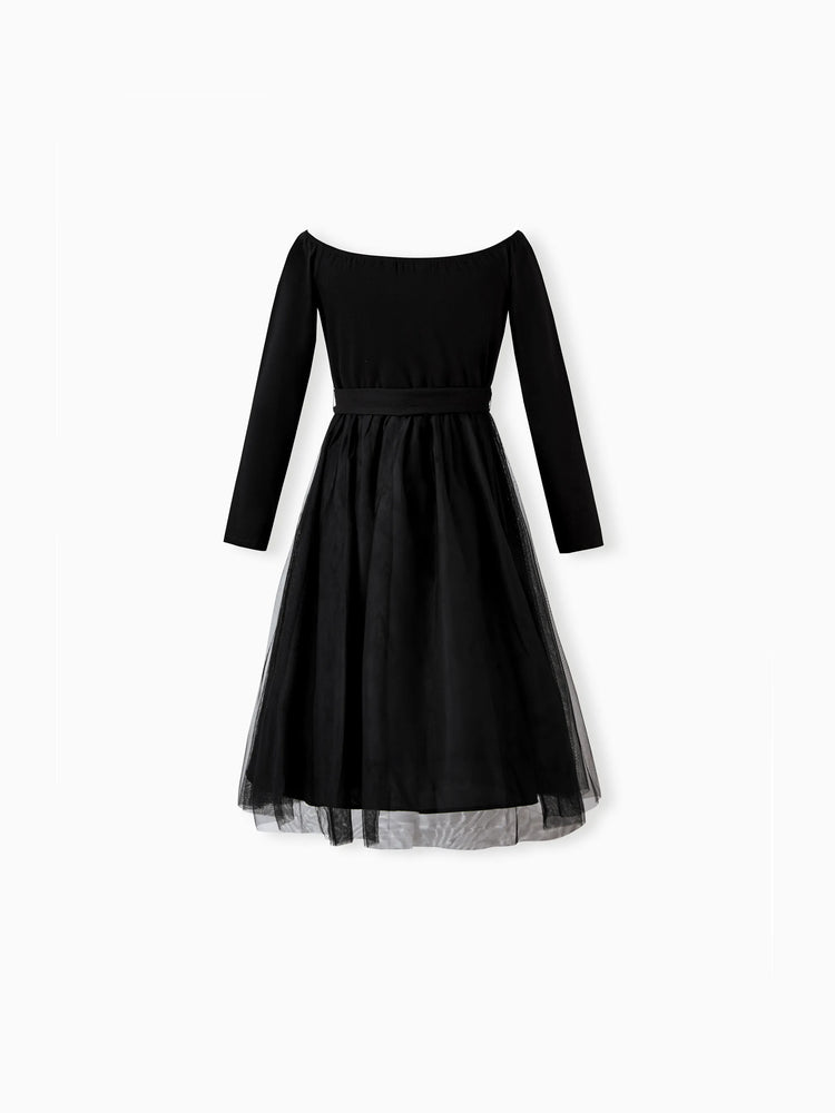 Ensembles familiaux assortis : chemise à carreaux noire ou robe élégante en tulle à épaules dénudées et croisée sur le devant