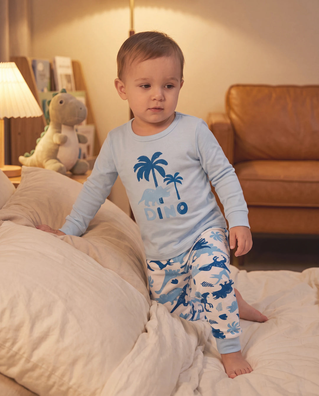 Toddler / Kids 4-piece Organic Cotton Pajamas 4-in 1 PJ Snug fit Pjs for Girls / Boys Light Blue
