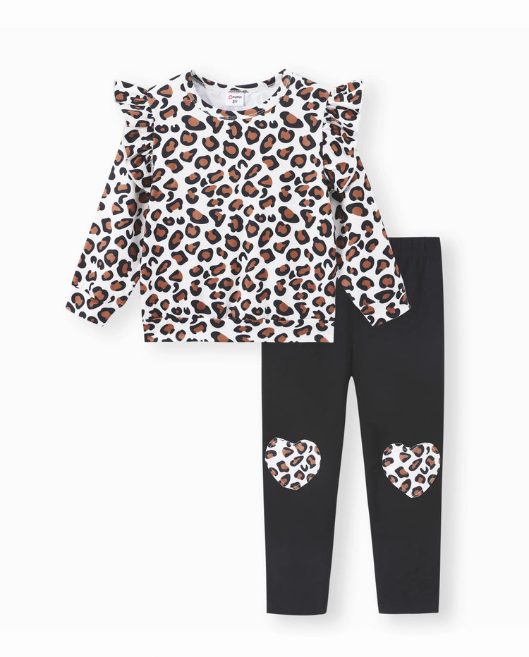 2-piece Toddler Girl Leopard Print Flutter Long-sleeve Top and Heart Pattern Pants Set Black