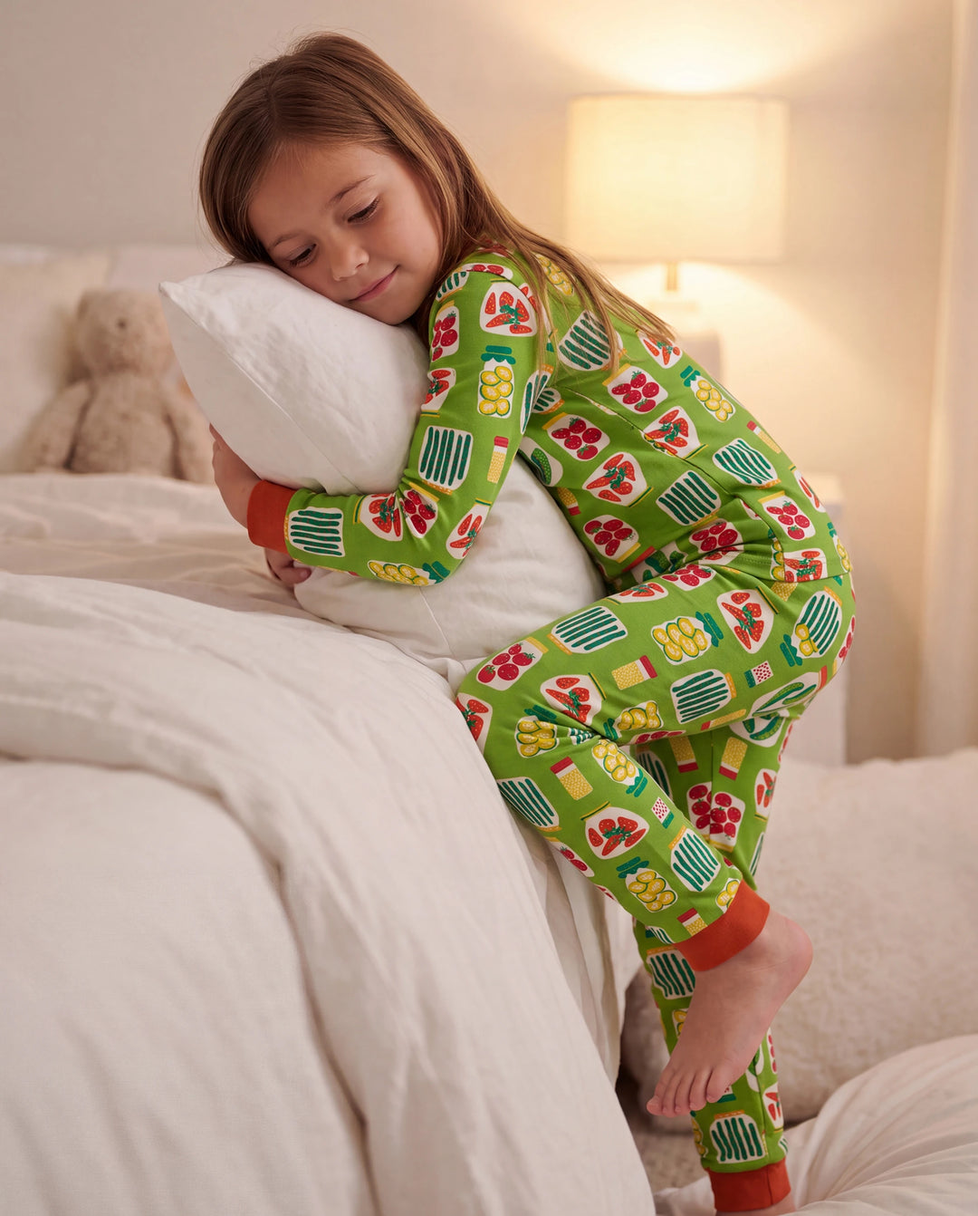 Pyjama de Noël/Halloween 2 pièces en bambou épais de qualité supérieure avec imprimé enfantin pour petite fille (coupe ajustée) vert